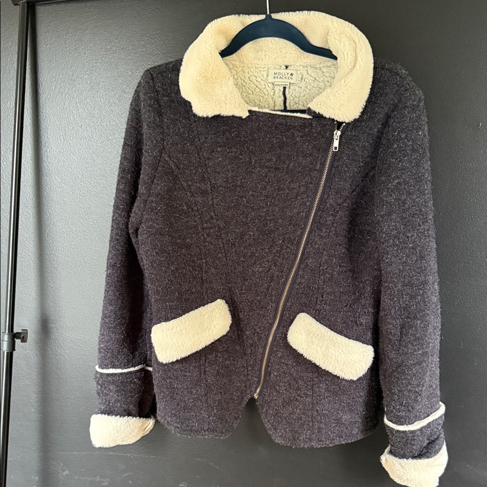 Molly Bracken Faux Shearling Moto Jacket – Charcoal Gray, Size L